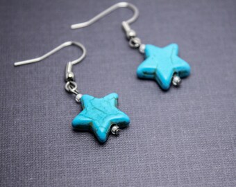 BLUE STAR EARRINGS - Surgical Steel Earrings - Stone Star Earrings- Gift for Her - Turquoise Star Earrings