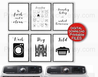 Printable Laundry Art, Wash, Dry, Fold, Laundry Symbols, Print Set, 5x7 8x10 11x14 A4
