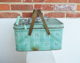Vintage Green Tin Picnic Box