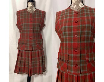 Vintage 1950s Red Plaid Skirt Set // S