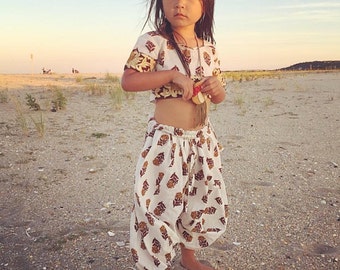 5 Years Harem SET, Frida Block Print Crop Top and Harem Pants, Hippie Toddler Harems, Organic Kids Clothing, Toddler Crop Set