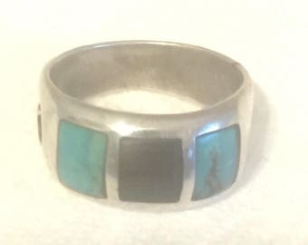 Vintage Sterling Silver Southwest Turquoise Onyx Band Ring Solid Heavy Band Size 9 Weight 6g Men