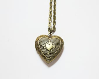 Valentines day gift -Red Heart necklace - bronze Heart Locket Necklace, Mothers Day Locket, Victorian Locket, Secret Locket, Shabby Chic