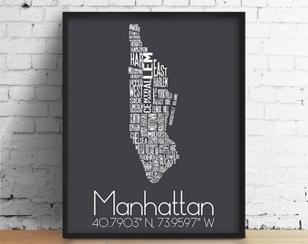 manhattan typography neighborhood map city map black and white minimalist simple