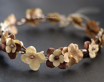 Rustic flower crown bridal headband in cream and brown, Flower crown, Wedding headband Woodland halo, Floral crown, Rustic hair wreath