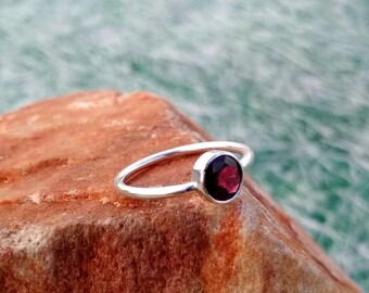Natural Red Garnet Round Cut Simple Ring - Handmade Ring - 925 Sterling Silver