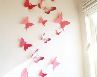 15 3D Paper Butterflies, 3D Butterfly Wall Art, Wall Decor, Butterfly Silhouettes, Red, Pink,Nursery, Baby, Wedding, Baby Shower, Girls Room