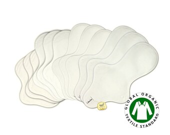 12 pieces Organic cloth pads set / Organic Cotton Cloth Menstrual pads set - 3 Light day, 3 Medium, 3 Heavy flow & 3 Overnight pads (White)