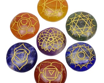 Set Of 7 Multistone Chakra Symbol Gemstone, Feng Shui Spiritual Reiki Healing Crystal Table Decor, With Gift Pouch HCD2031A