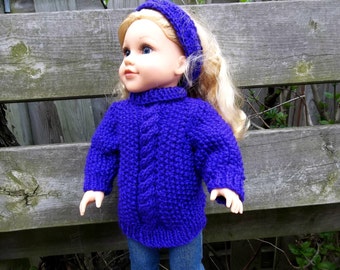 18 inch Doll Clothes Fit American Girl Doll Iris Purple Set Knit Cable Pullover and Headband Toys