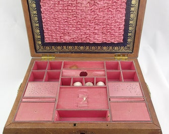 Early 19th Century Brown Leather Mounted Sewing Box Gilt Tooled Decoration Pink Silk Lined Gold Ornate Regency Sarcophagus