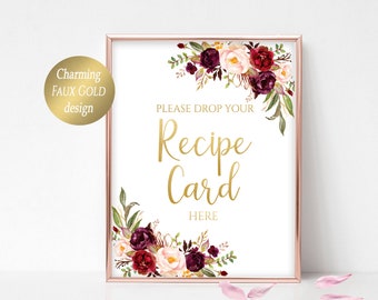 Please Drop Your Recipe Card Here Sign Recipe Card Drop Decor Bridal Shower Recipe Card Sign Recipe Box Sign Recipe Cards Printable Marsala