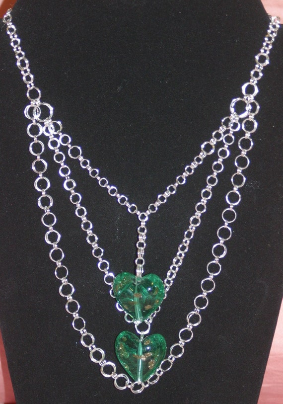 Two Hearts Lampworked Glass & Silver Plated Chain Necklace