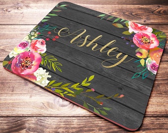 Personalized Mouse Pad, Monogram Mouse Pad, Watercolor Flowers, Pink Flowers Mouse Pad, Custom Name Mouse Pad, Name Mouse Pad