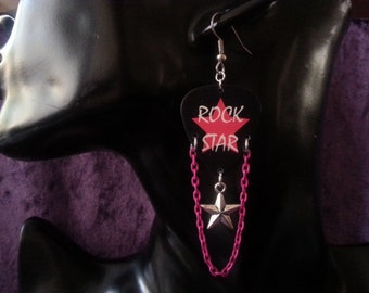 Rock Star Guitar pick earrings with star charm and pink chain