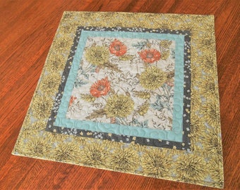 Quilted Floral Table Topper in Yellow Gray Aqua Orange, Square Table Mat, Kitchen Table Decor, Farmhouse Chic Decor, Cottage Chic Decor