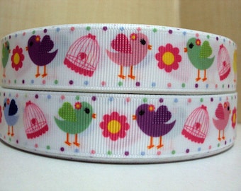 7/8 inch Cute Birds and Birdcages Birdies - Printed Grosgrain Ribbon for Hair Bow