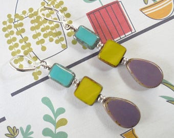 Teal, Chartreuse and Lavender Boho Earrings (4096)