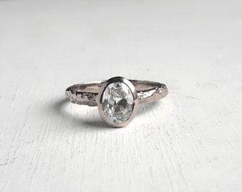 Rustic White Gold Engagement Ring - Oval Moissanite - Bezel Setting - Forever One - Boho, Nature Inspired, Textured Rose Gold Ring