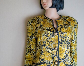 80s Silk Suit Gold and Black Two Piece Set Long Sleeve Knee Length Skirt 80s Clothing Women's Suit Epsteam