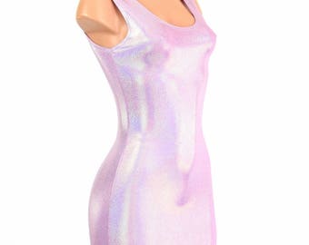 Lilac Holographic Light Purple Metallic Shiny Spandex Bodycon Clubwear Sleeveless Tank Style Mini Dress -E8180