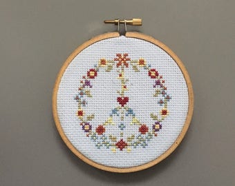 Completed Flower Peace Sign Cross-Stitch