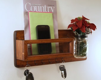 Mail Organizer-Mason Jar Vase-Key Rack-Housewarming-Red Mahogany Finish
