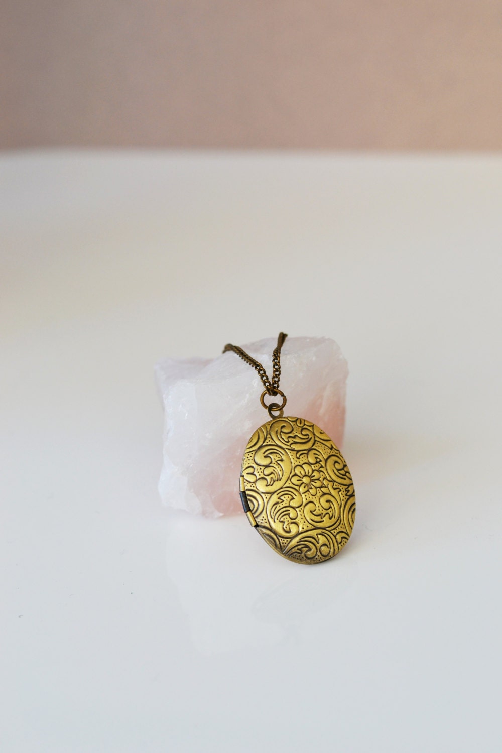 Brass Oval Locket Long Necklace Vintage Locket Layering