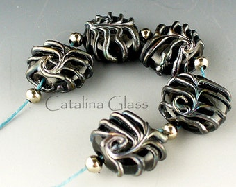 Lampwork beads/glass beads/handmade lampwork/artisan lampwork/sra handmade glass/black metallic/steampunk/lampwork glass beads/black/