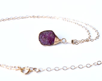 Raw Ruby Necklace, Gold Raw Crystal Necklace, Raw Stone Jewelry, Large Genuine Natural Red Ruby Pendant Necklace, July Birthstone