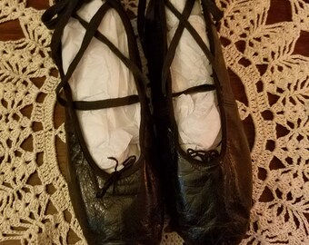 Vintage Real Leather Black Ballet Shoes Slippers Ballerina RARE