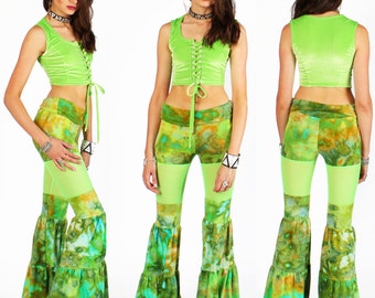 Hand Dyed Peekaboo Flow Pants in Jungle Ice with Lime Green Mesh