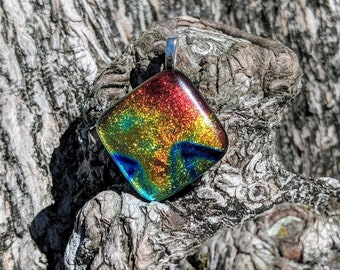 Blue flame multi colored fused glass dichroic pendant