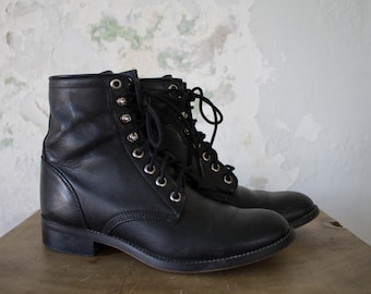 Vintage Justin Boots - Vintage Ropers - 1980s 80s 90s Black Leather Boots Combat Boots 6 5.5 5 3