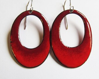 Big enamel red hoop earrings Enamel bohemian jewelry Red oval dangle earrings Colorful statement earrings