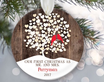 Love birds First Christmas as Mr and Mrs Ornament, Personalized Christmas Ornament Rustic faux "wood" Wedding Tree Ornament Lovebirds OR856