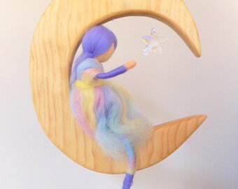 Girls Room wall decor / Baby girl mobile / Wool needle felted fairy mobile / Mobile Nursery/ Moon mobile nursery / Nursery Decor / Baby gift
