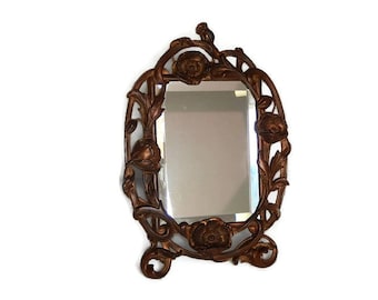 Antique Easel Mirror Art Nouveau Beveled Vanity Mirror, Vintage Copper Plate Cast Metal Boudoir Mirror