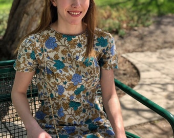 1960s blue and tan floral wiggle dress/ 1960s cotton dress/ vintage dress