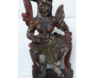 Antique Old Wooden Hand Made Carved Painted Lady Figurine Statue by Indian Art