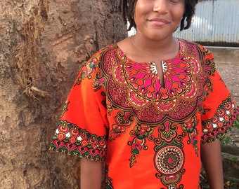 African Wax Zussu Tunic 'Bright Orange'