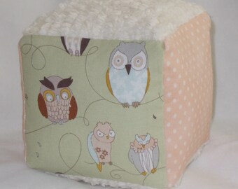 Cool Sage Owls Fabric Block Rattle Toy - SALE