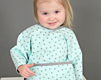Teal and grey Long sleeved bib, toddler bib, sleeves, pocket bib, bapron, smash cake bib, toddler Mighty Bib - 12 Mos - 3T