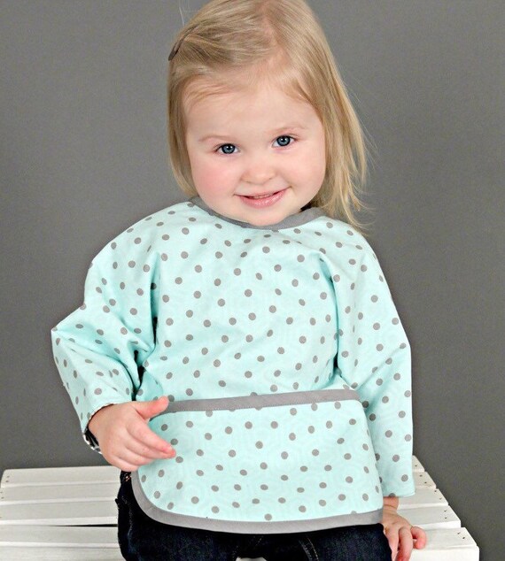 Teal and grey Long sleeved bib toddler bib sleeves pocket