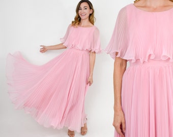70s Pink Maxi Dress | Pink Pleated Evening Dress | Miss Elliette California | Medium