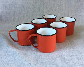 Vintage Red Enamelware Coffee Mugs, Set of 6
