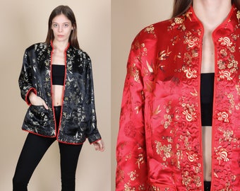 Vintage Reversible Chinese Brocade Jacket - Large // 90s Red Black Floral Jacquard Asian Blazer