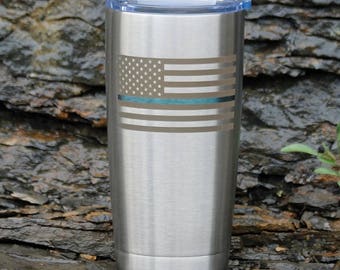 Thin Blue Line Engraved Drinkware -Personalization Available