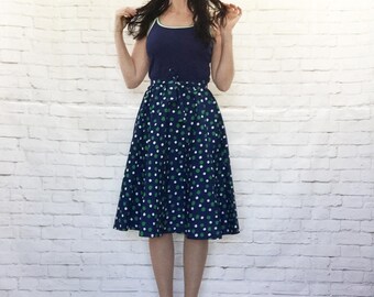 Vintage 70s Polka Dot Belted Flared Midi Tank Top Sun Dress Bandana Scarf Set Navy Green White
