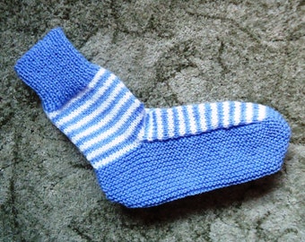 Hand knitted bed socks in Blue and White Stripes